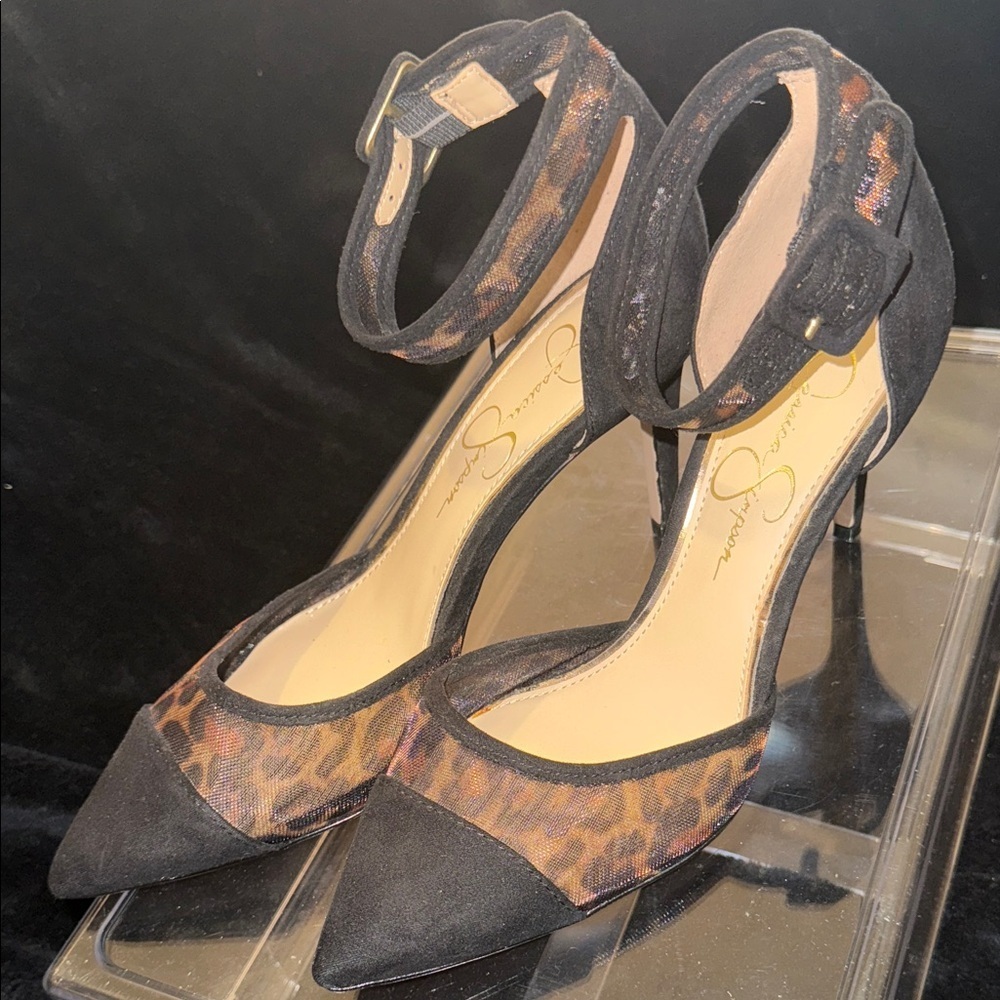 NEW JESSICA SIMPSON Size 7m Black Multi Leopard Ankle Strap Shoes - Picture 10 of 10